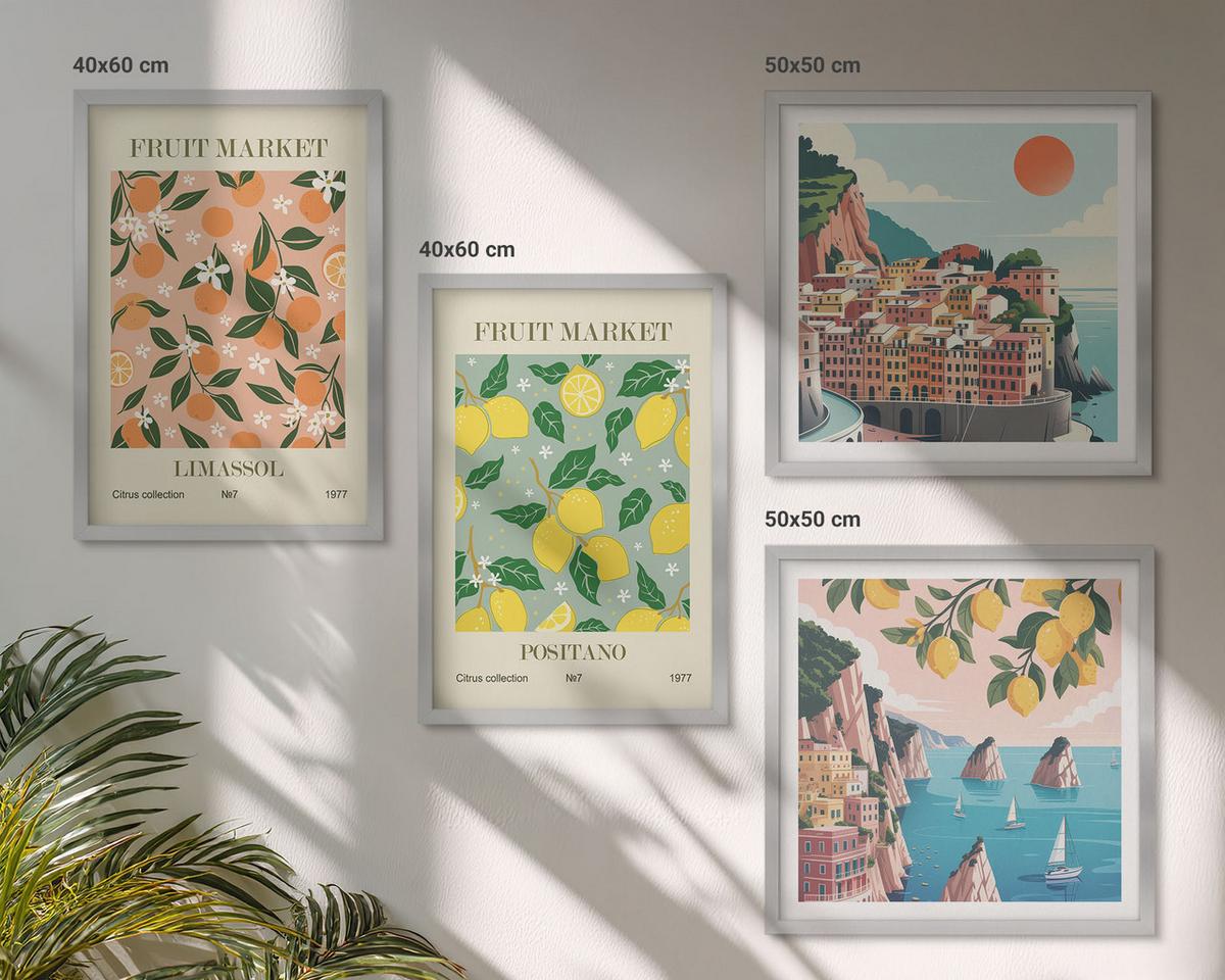 BILDER SET 4er Set - 50x50 cm & 40x60 cm Silberner Rahmen - Zitrusfrüchte der italienischen Tropen - Silberfarben, Kunststoff (50/50cm) - TULUP