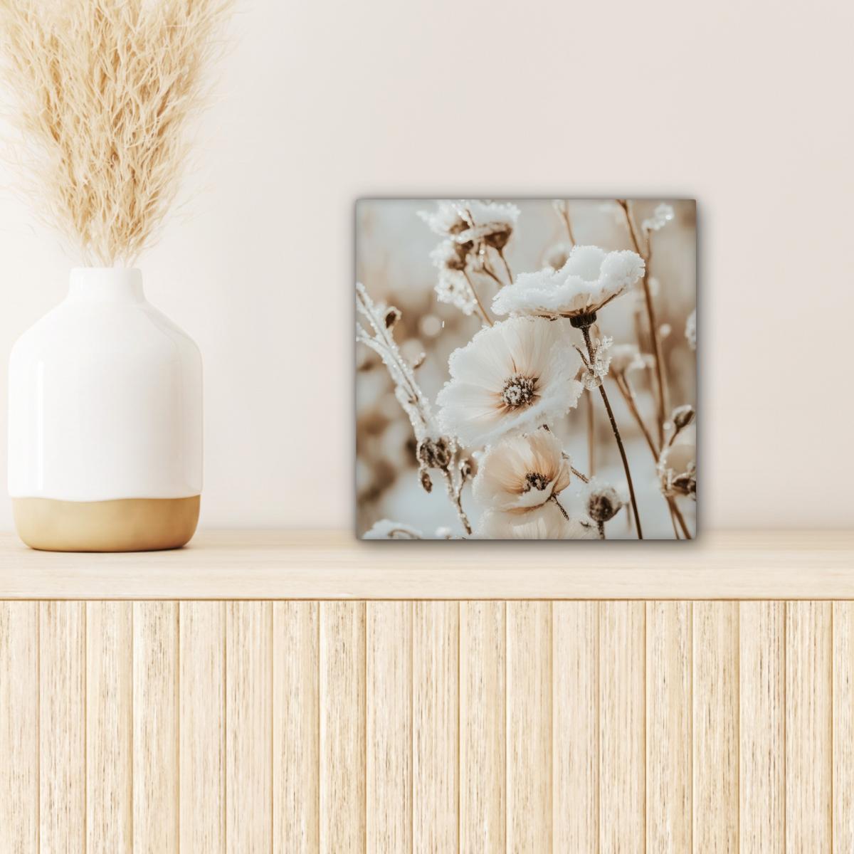 LEINWANDBILD Blumen - Winter - Weiß - Schnee - Beige Deko Wohnzimmer 20x20 cm - Creme, Textil (20/20cm) - MuchoWow