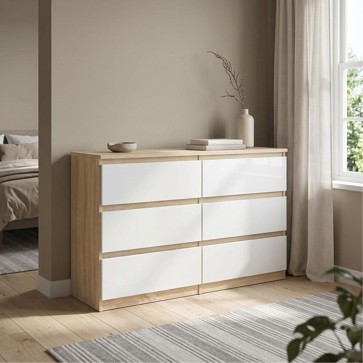 KOMMODE NUDO 138,5/78,5/39cm mit 6 Schubladen Türen Sonoma Eiche - Weiß/Sonoma Eiche, Holzwerkstoff (138.5/78.5/39cm) - MASSENO