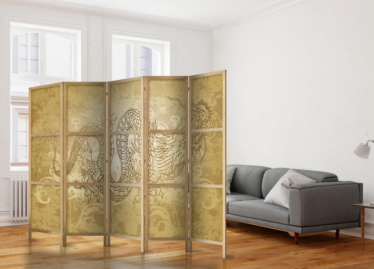 PARAVENT Japanischer 5-tlg 225x172 cm Japanischer Drache - Gelb, Holz/Textil (225/172/3cm) - Muralo