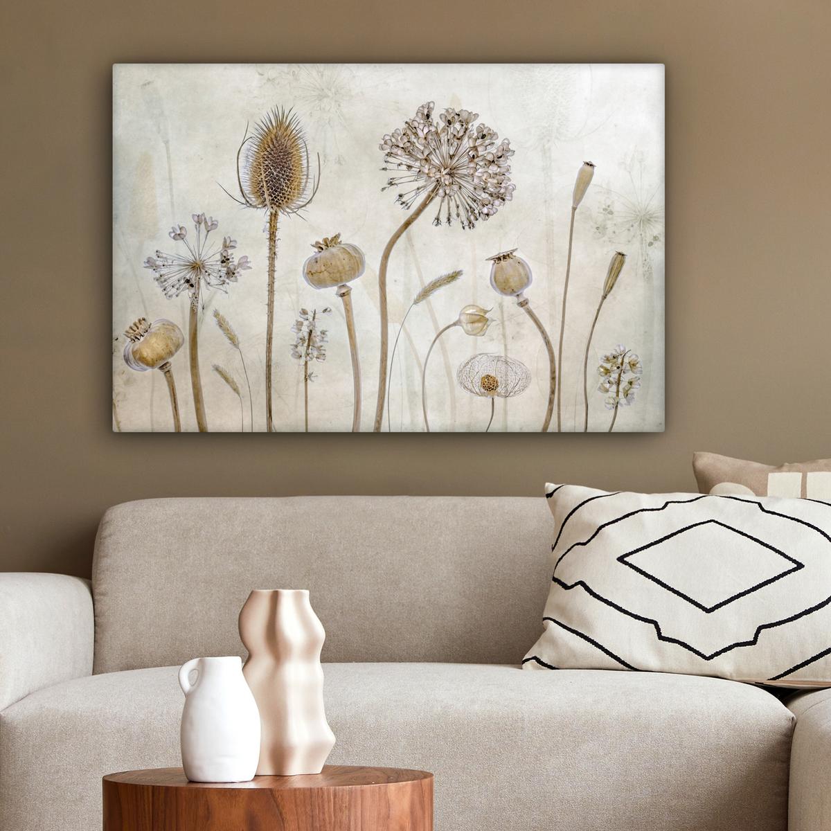 LEINWANDBILD Blumen - Aquarell - Stilleben - Braun - Vintage Gemälde 60x40 cm - Beige, Textil (60/40cm) - MuchoWow