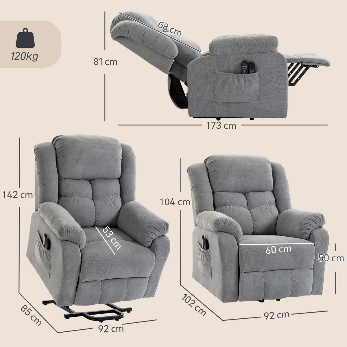 FERNSEHSESSEL-MIT-AUFSTEHHILFE Polyester Stahl Hellgrau - Hellgrau/Schwarz, Textil/Metall (92/104/102cm) - HOMCOM