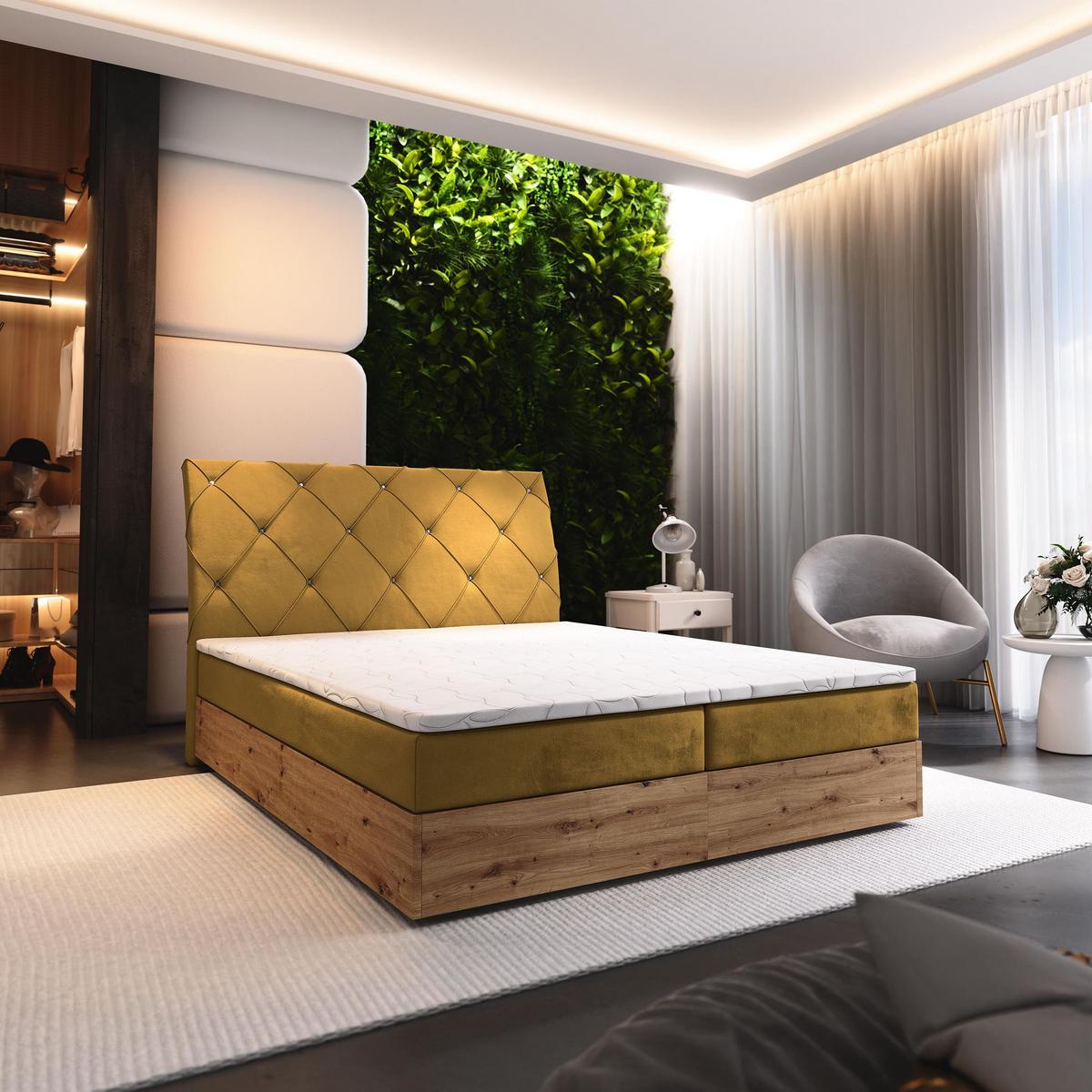 BOXBETT VELLANO 180x200 cm mit Matratze und Topper - Gelb - Gelb, Holz (180/200cm) - MASSENO