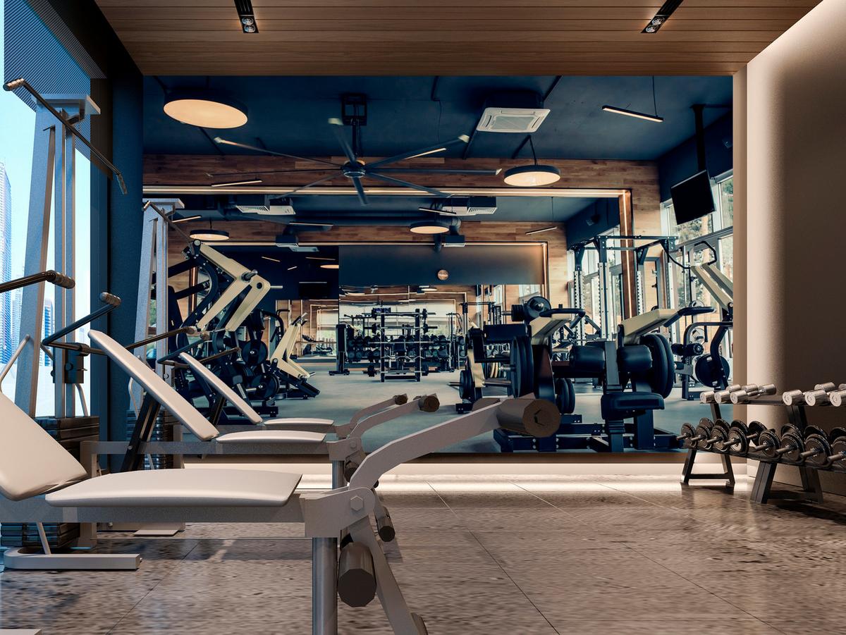 FOTOTAPETE Modernes Fitnessstudio Trainingsgeräte Sport 200x140 - Schwarz/Braun, Papier (200/140cm) - Muralo