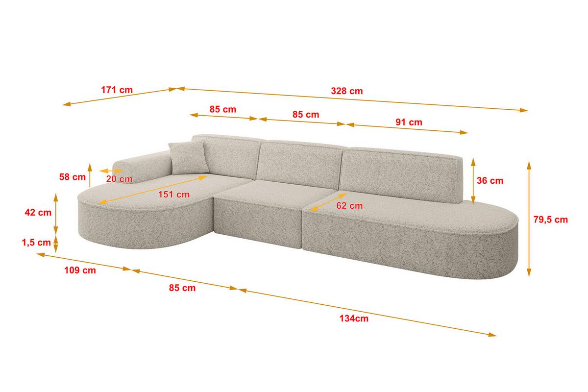 ECKSOFA Ottomane Links MARI-L2 - 328x171x79 cm Beige Tissu - Beige/Schwarz, Holzwerkstoff/Kunststoff (328/171cm) - ALTDECOR