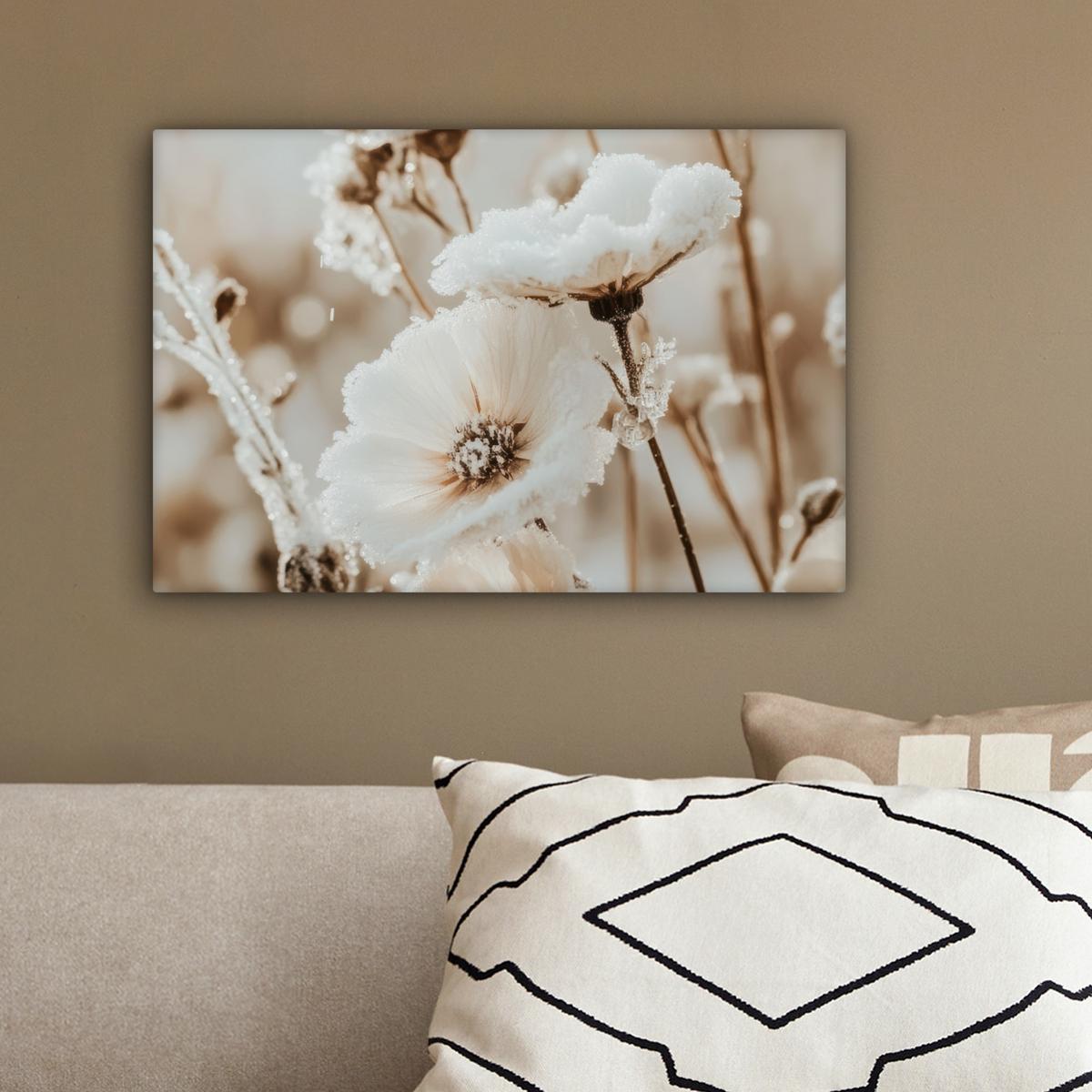 LEINWANDBILD Blumen - Winter - Weiß - Schnee - Beige Deko Schlafzimmer 30x20 cm - Creme, Textil (30/20cm) - MuchoWow