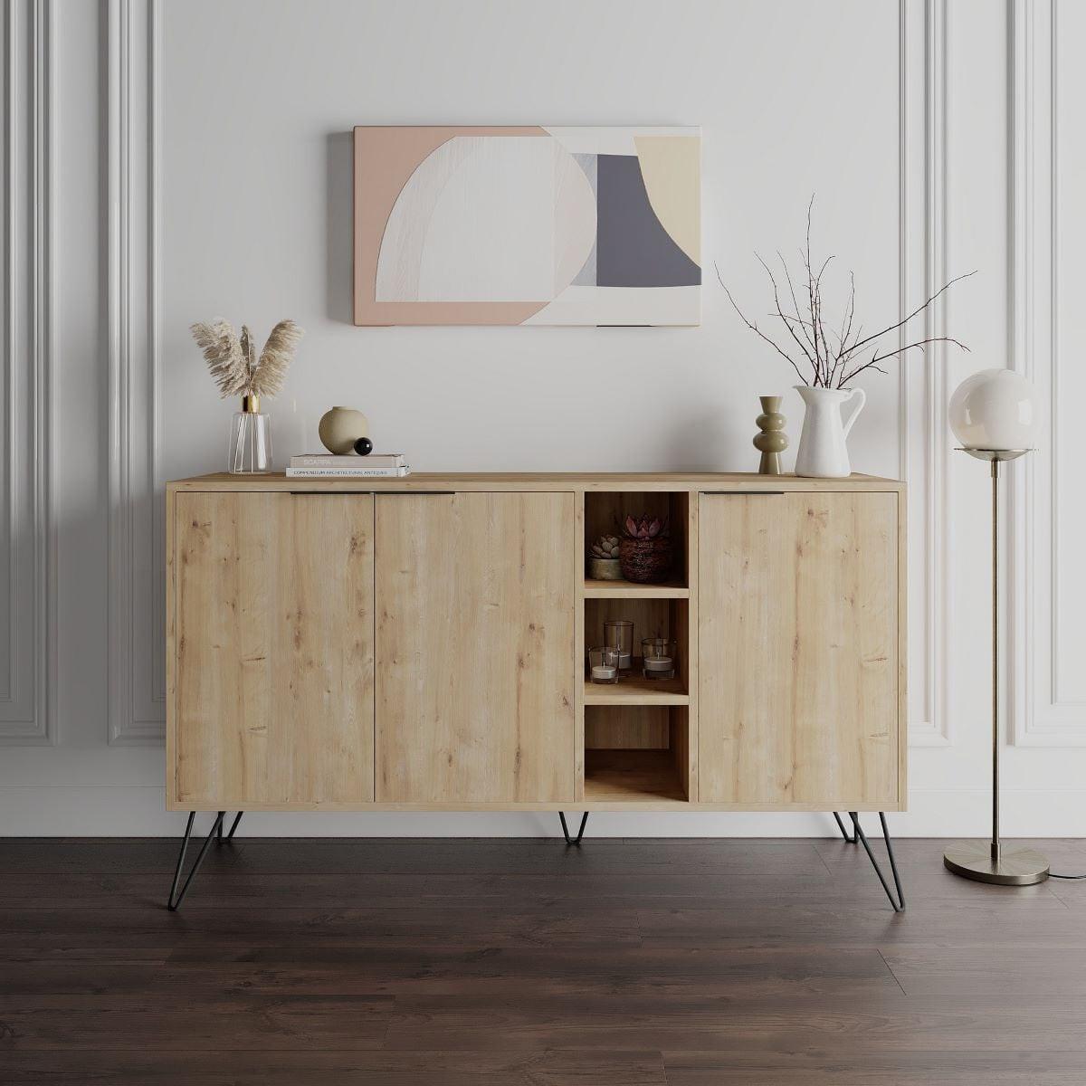 SIDEBOARD 3 Nischen und 3 Türen L142 cm - Clara - Eichefarben, Holzwerkstoff (35.6/83/15cm) - Calicosy
