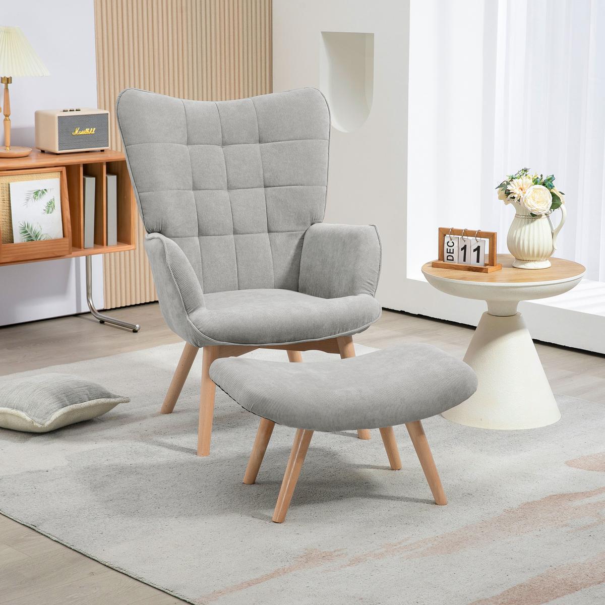 OHRENSESSEL mit Hocker, Relaxsessel, Polstersessel in Cord-Optik, mit Holzbeine - Naturfarben/Grau, Holz/Buchenholz (72/101/80cm) - HOMCOM