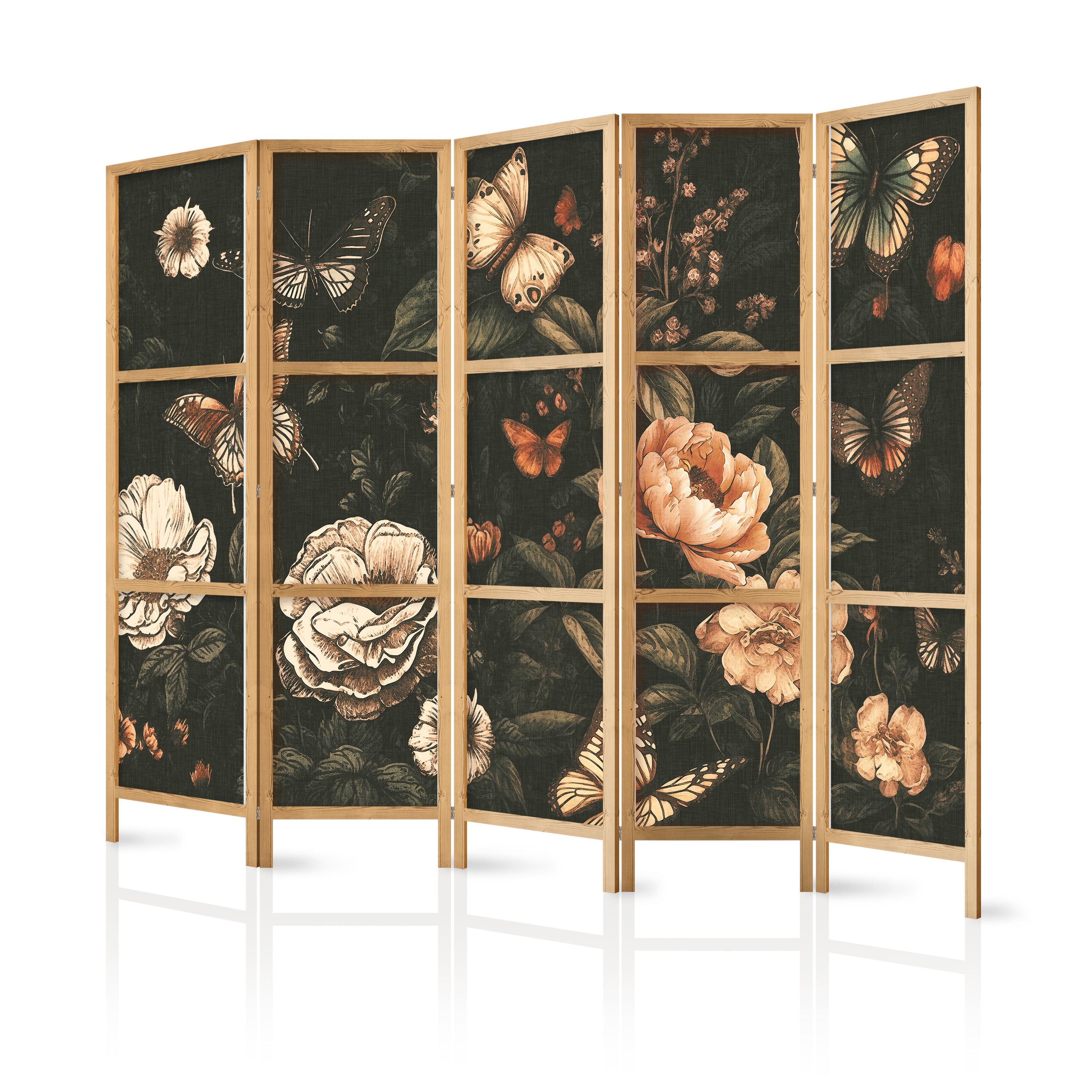 PARAVENT Japanischer 5-tlg 225x172 cm Bunte Blumen Schmetterlinge - Multicolor, Holz/Textil (225/172/3cm) - Muralo