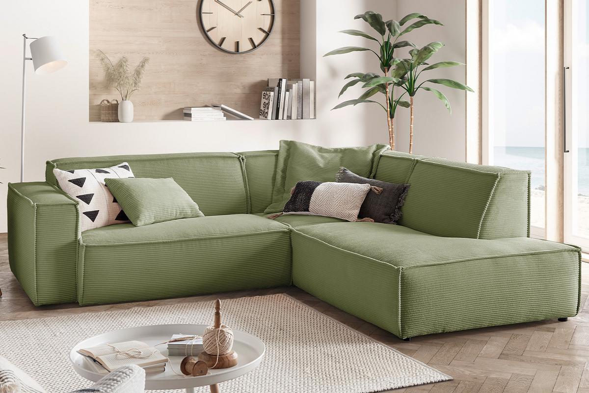 ECKSOFA SAMU Grün Cord - Schwarz/Olivgrün, Textil (254/224cm) - KAWOLA