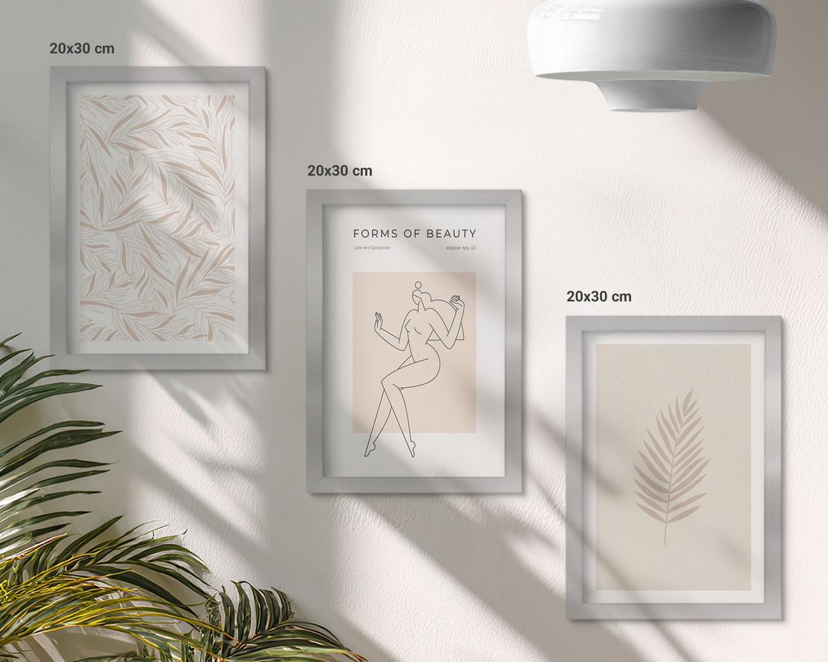 BILDER SET 3er Set - 20x30 cm Silberner Rahmen - Minimalistische botanische Motive - Silberfarben, Kunststoff (20/30cm) - TULUP