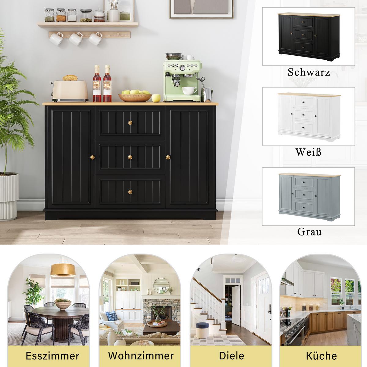 SIDEBOARD mit 3 schubladen & kühlschrank-türen - Schwarz, Holzwerkstoff (126/86/40cm) - Urban Meuble