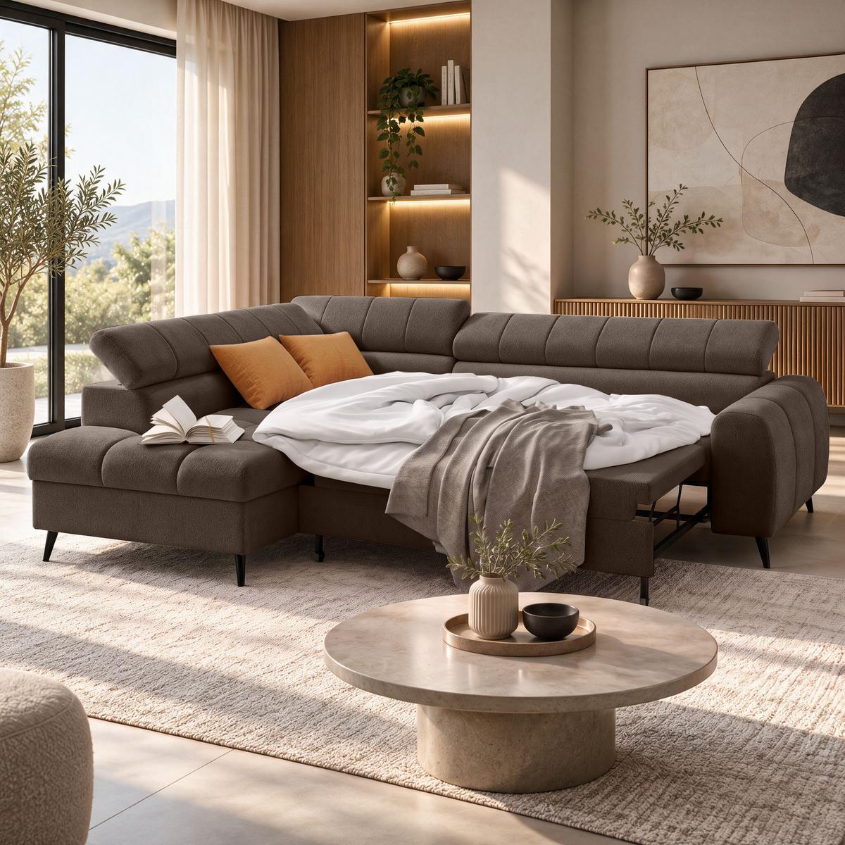 ECKSCHLAFSOFA Vinni Braun, Chenille-Stoff, links - Braun, Textil (265/205cm) - Beautysofa