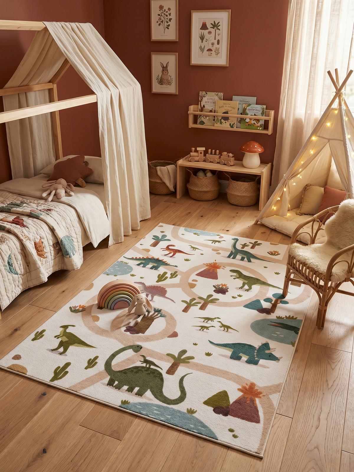 SPIELTEPPICH Waschbar TINO in Creme, mit Dino-Landschaft, 140 x 200 cm - Beige, Textil (200/140cm) - KADIMA DESIGN