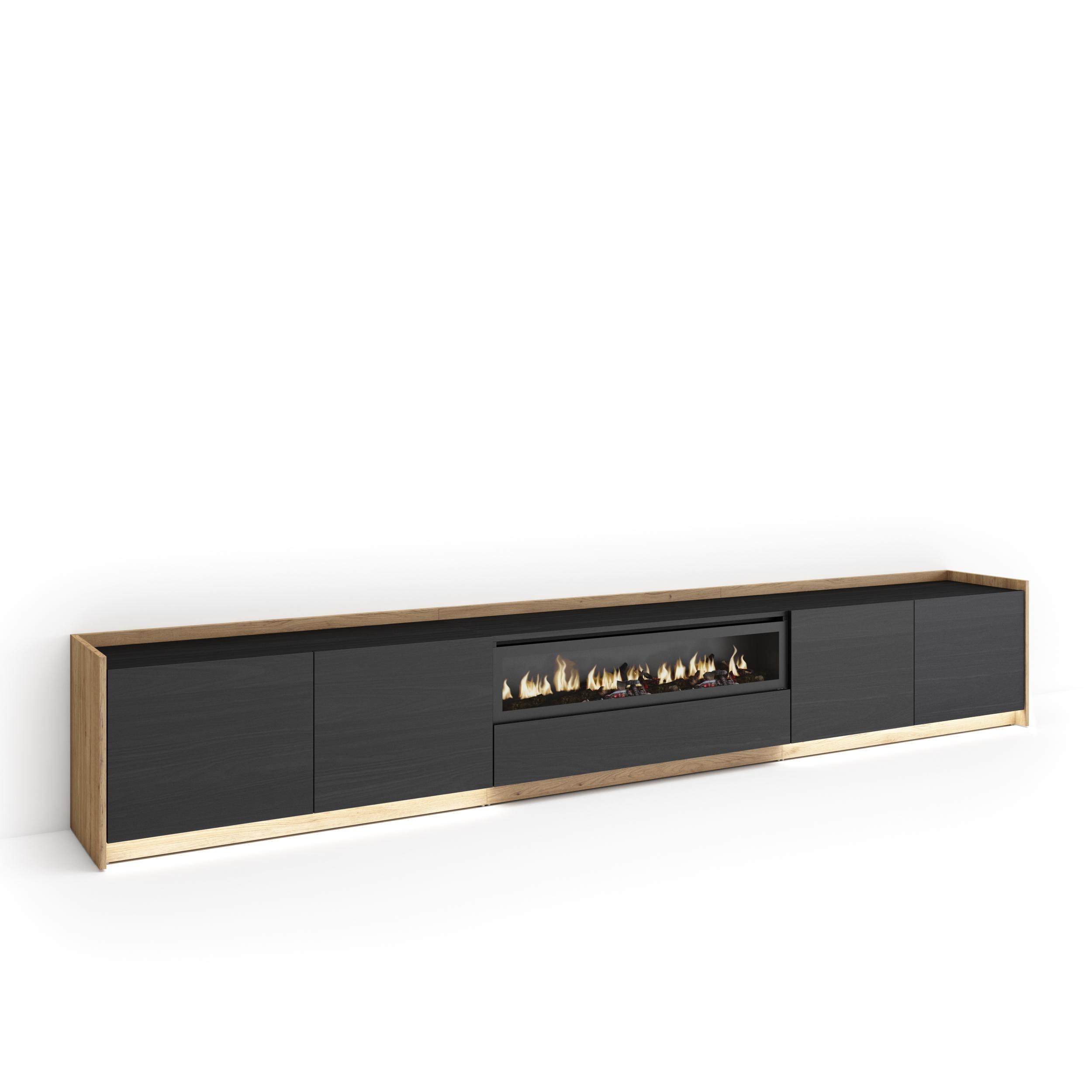 LOWBOARD, Schwarz und Eiche, 310/37/50cm, Kamin mit Feuereffekt - Schwarz, Holzwerkstoff (310/50/37cm) - Skraut Home