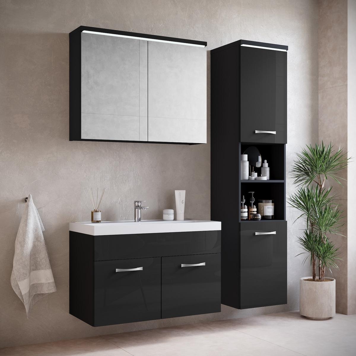 BADMÖBEL-SET Paso 2 Teile Schwarz Hochglanz - 80 x 35 x 55 cm - Schwarz, Holz (80/55/40cm) - Badplaats