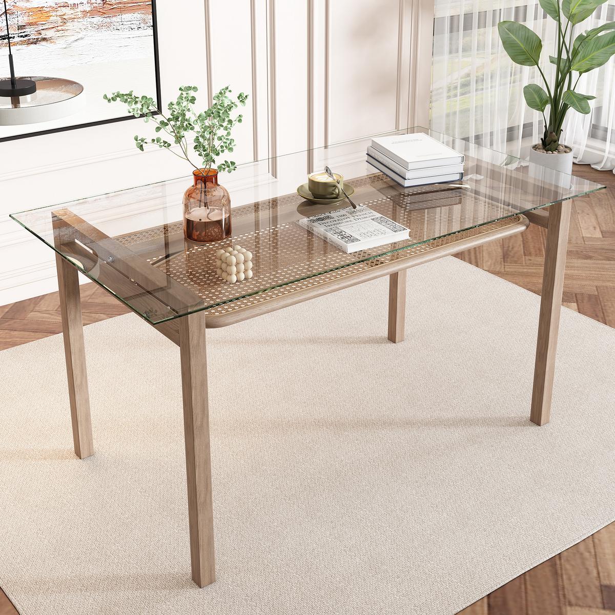 ESSTISCH SET mit Esstisch aus Glas und 4 Rattan stühle - Schwarz, Glas/Textil (110/74/65cm) - Urban Meuble