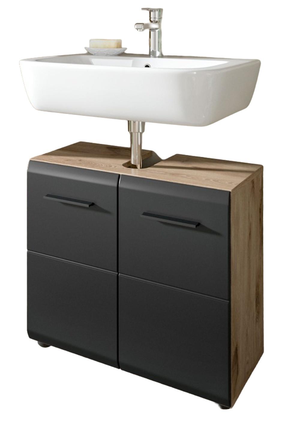 WASCHBECKENUNTERSCHRANK schwarz matt, Eiche Nox, Waschtisch Badschrank 60 cm - Eichefarben/Schwarz, Holzwerkstoff/Kunststoff (60/54/30cm) - Inn.Furn