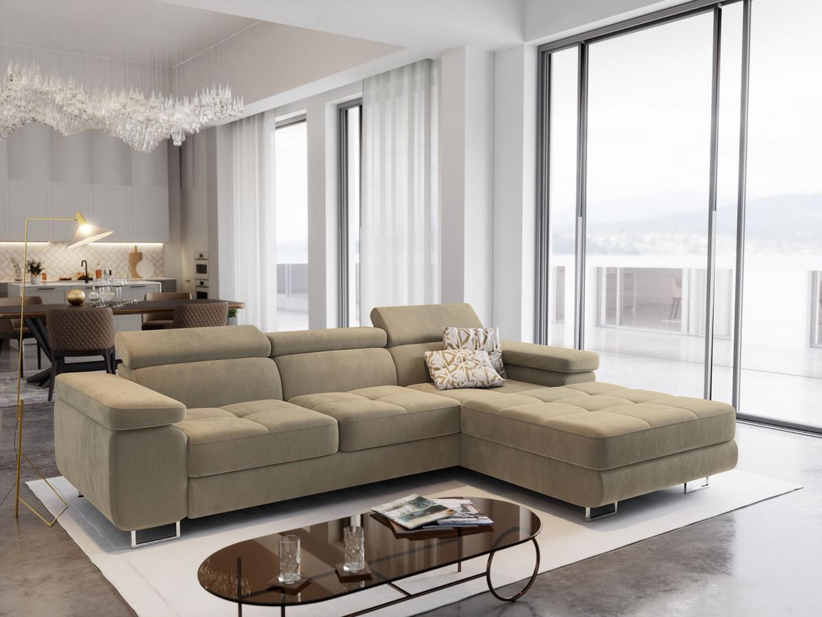 ECKSOFA ELMA R-S Creme Velours-Stoff mit Schlaffunktion - Silberfarben/Creme, Holz/Textil (280/205cm) - MASSENO