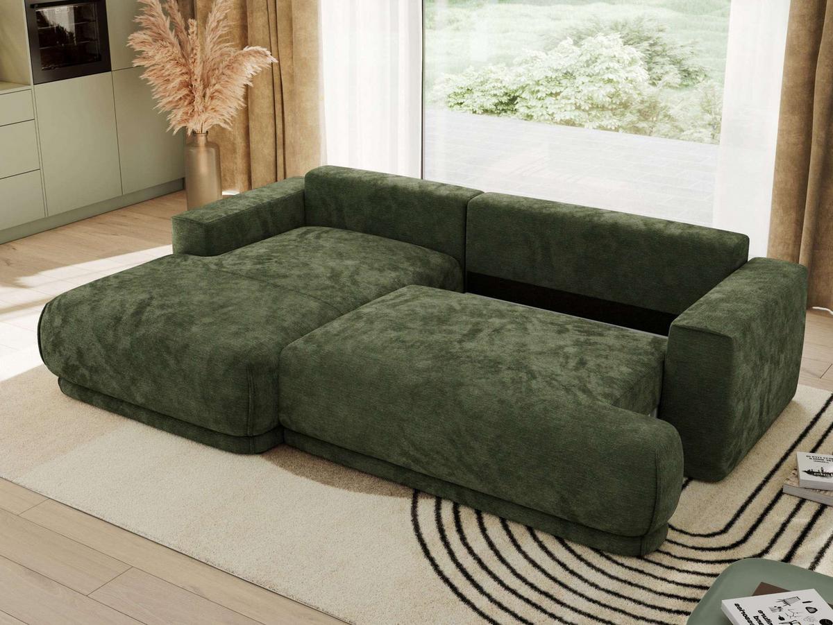 ECKSCHLAFSOFA RINA L Dunkelgrün Schenille glatt - links - Dunkelgrün/Schwarz, Kunststoff/Textil (267/170cm) - MKS