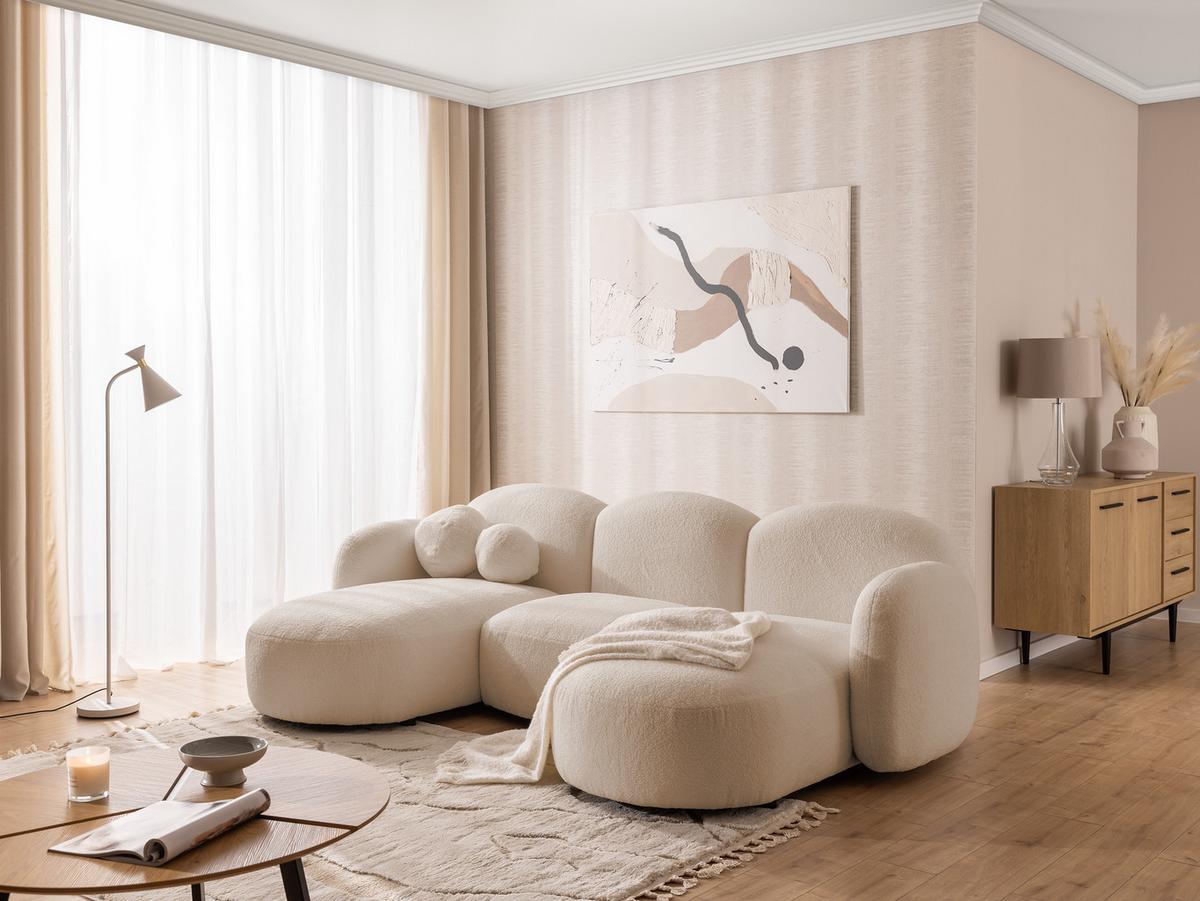 WOHNLANDSCHAFT Nuvola mit abgerundetem Design Hellbeige Bouclé-Stoff - Beige/Schwarz, Holz/Kunststoff (268/80/146cm) - S-Style Möbel