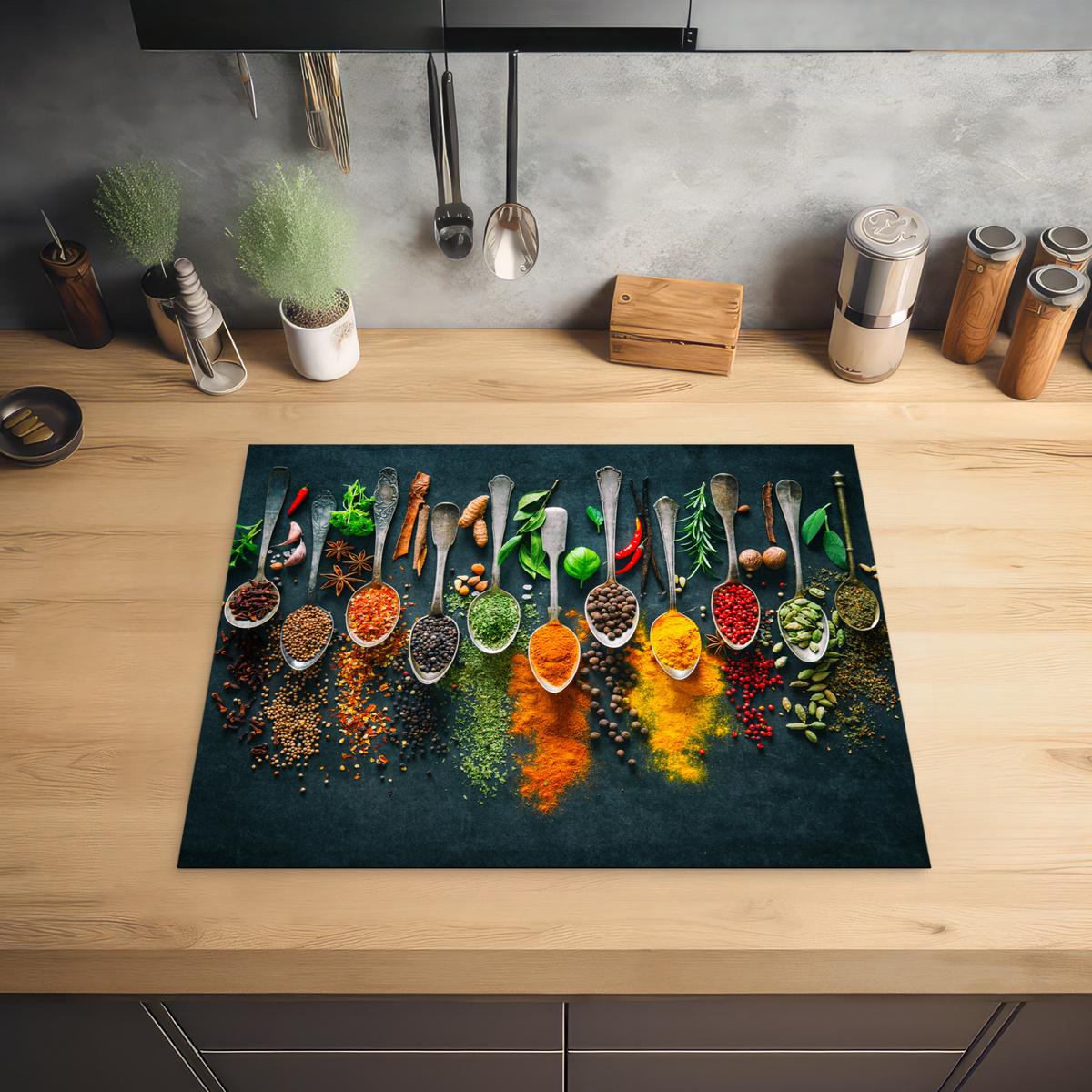 HERDABDECKPLATTE Kräuter - Gewürze - Löffel Herdabdeckung Induktionsfeld 65x52 cm - Multicolor, Kunststoff (65/52/0.2cm) - MuchoWow