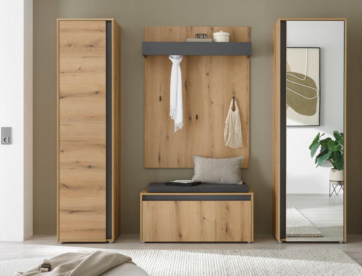 GARDEROBEN-SET 4-teilig Evoke Eiche, grau 170 cm, Garderobe inklusive Sitzkissen - Eichefarben/Schwarz, Glas/Holzwerkstoff (170/200/40cm) - Furn.Design