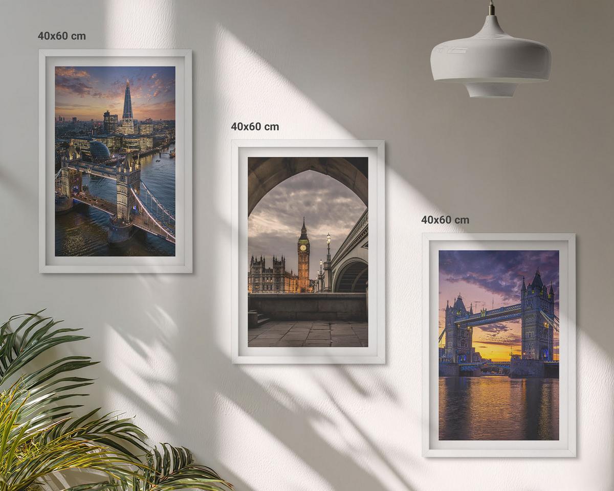 BILDER SET 3er Set - 40x60 cm Weißer Rahmen - Stadtbrücken, Uhrtürme - Weiß, Kunststoff (40/60cm) - TULUP
