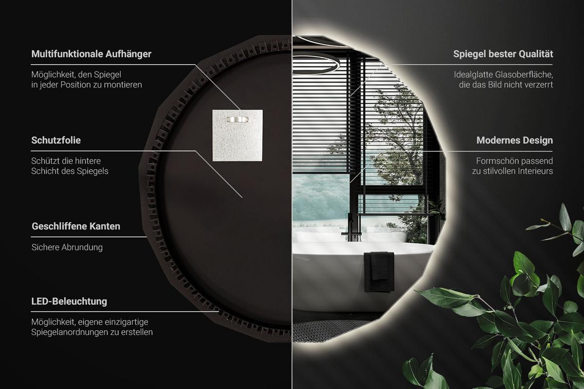 LED-SPIEGEL 80 cm x 80 cm Asymmetrische Form Neutralweiß 4000 K - Silberfarben, Glas (80/80/0.4cm) - Wallfluent