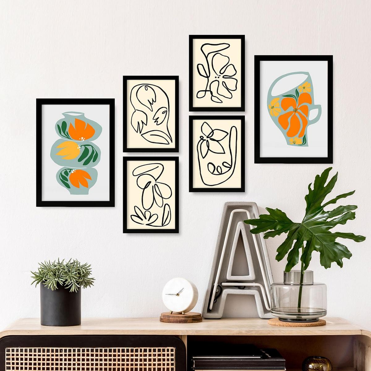 POSTER Set Mit 6 Demodierte Vase In Blume Zusammenfassung Ästhetische Dekorative Gemälde Für Ihr Wohnzimmer Zuhause A3 & A4 Schwarzer Rahmen - Schwarz, Papier (29/3cm) - Nacnic