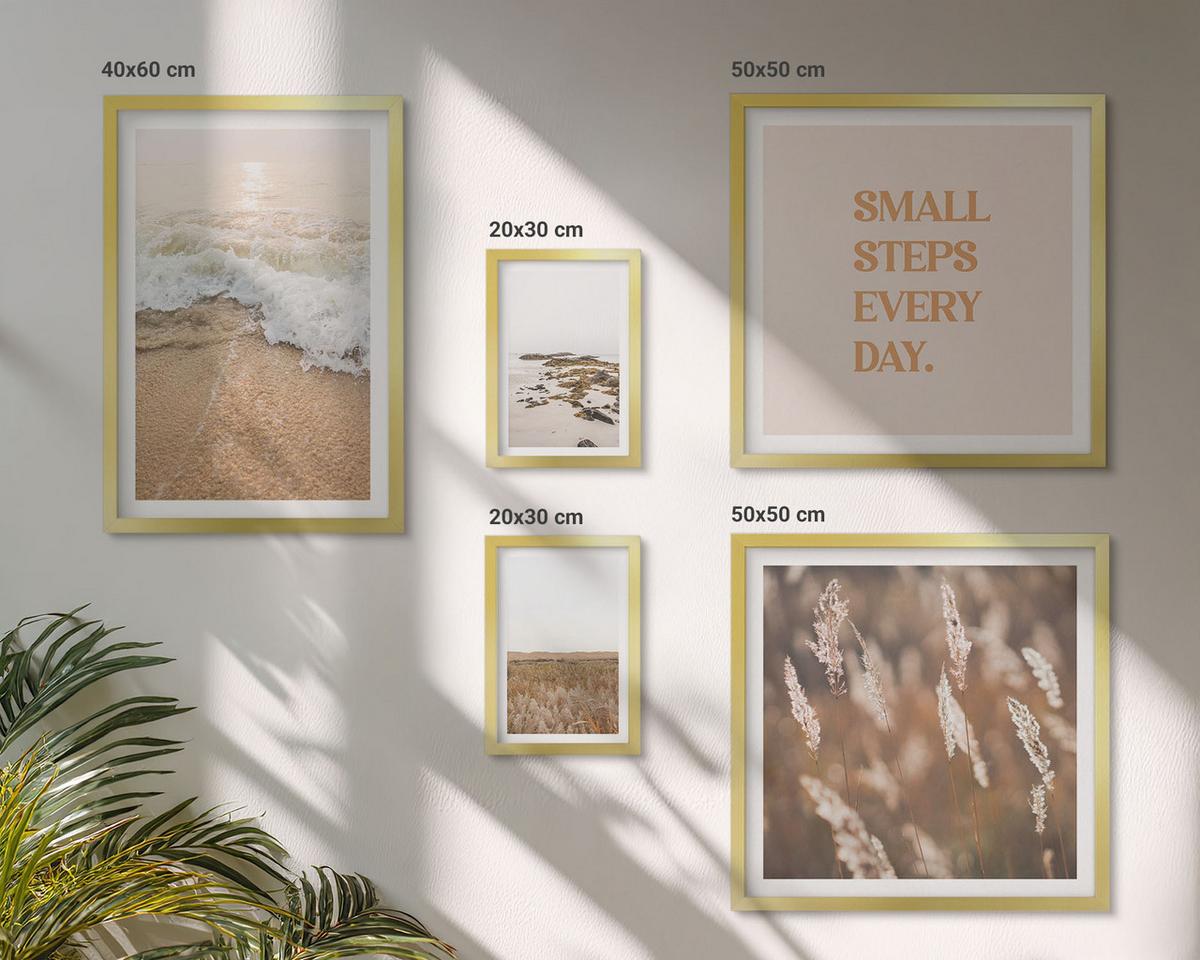 BILDER SET 5er Set - 50x50 cm & 20x30 cm & 40x60 cm Goldrahmen - Strandwellen, Steine, Sommer - Goldfarben, Kunststoff (40/60cm) - TULUP