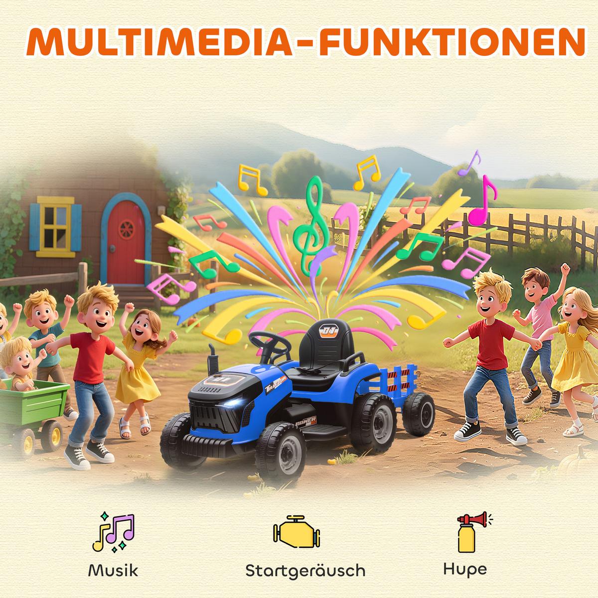 KINDER-ELEKTROTRAKTOR 3-Gang mit Anhänger, 2 Motor, für 3-8 Jahre, Blau - Blau, Metall (139/58/55cm) - AIYAPLAY