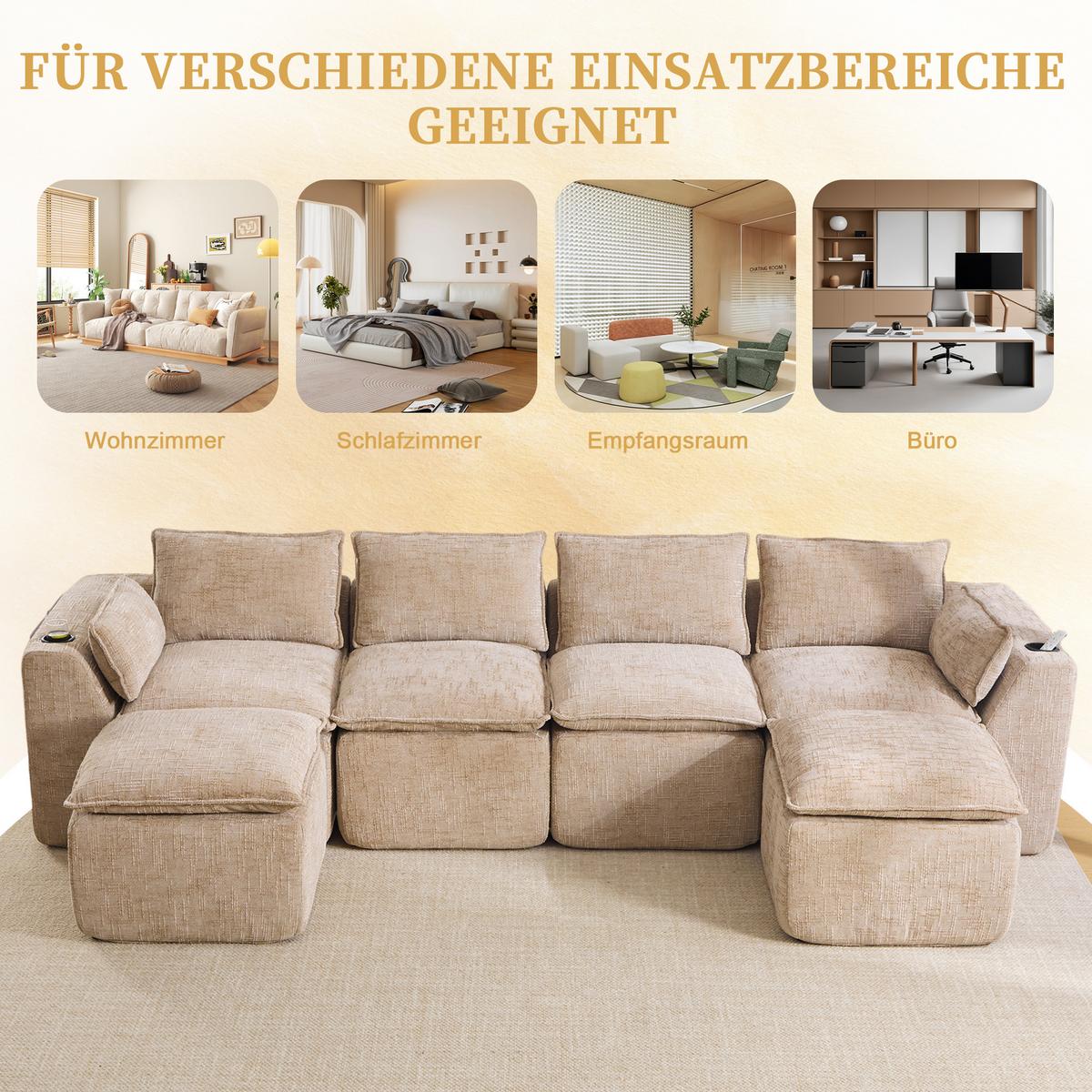 4-SITZER-SOFA aus chenille, modular mit 2 fußhockern und getränkehaltern - Sandfarben, Textil (322/75/161cm) - Urban Meuble