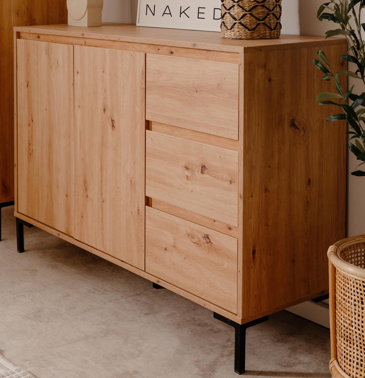 KOMMODE Eiche Artisan 120 cm, Sideboard modern mit viel Stauraum - Schwarz/Eiche Artisan, Holzwerkstoff/Metall (120/87/40cm) - Furn.Design