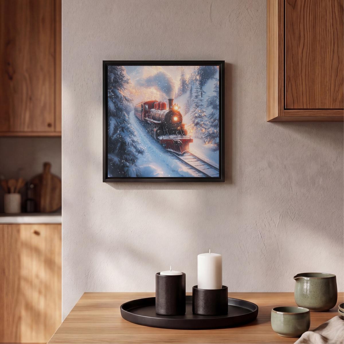 LEINWAND Bilder mit Rahmen - Weihnachtszug - Schnee - Winter - Weihnachten - 20x20 - Dunkelrot, Textil (20/20cm) - MuchoWow
