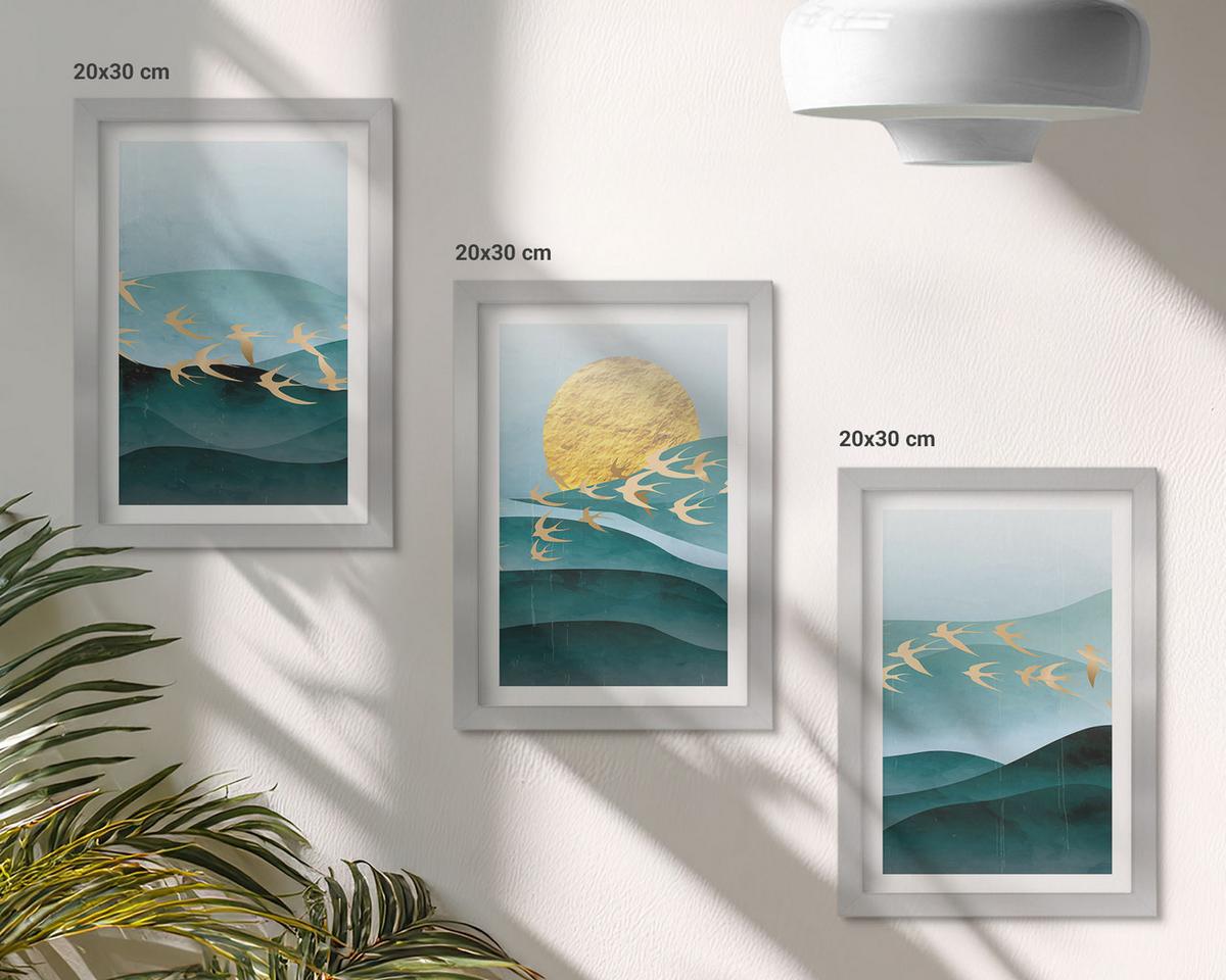 BILDER SET 3er Set - 20x30 cm Silberner Rahmen - Abstrakte Sonnenuntergangslandschaften - Silberfarben, Kunststoff (20/30cm) - TULUP