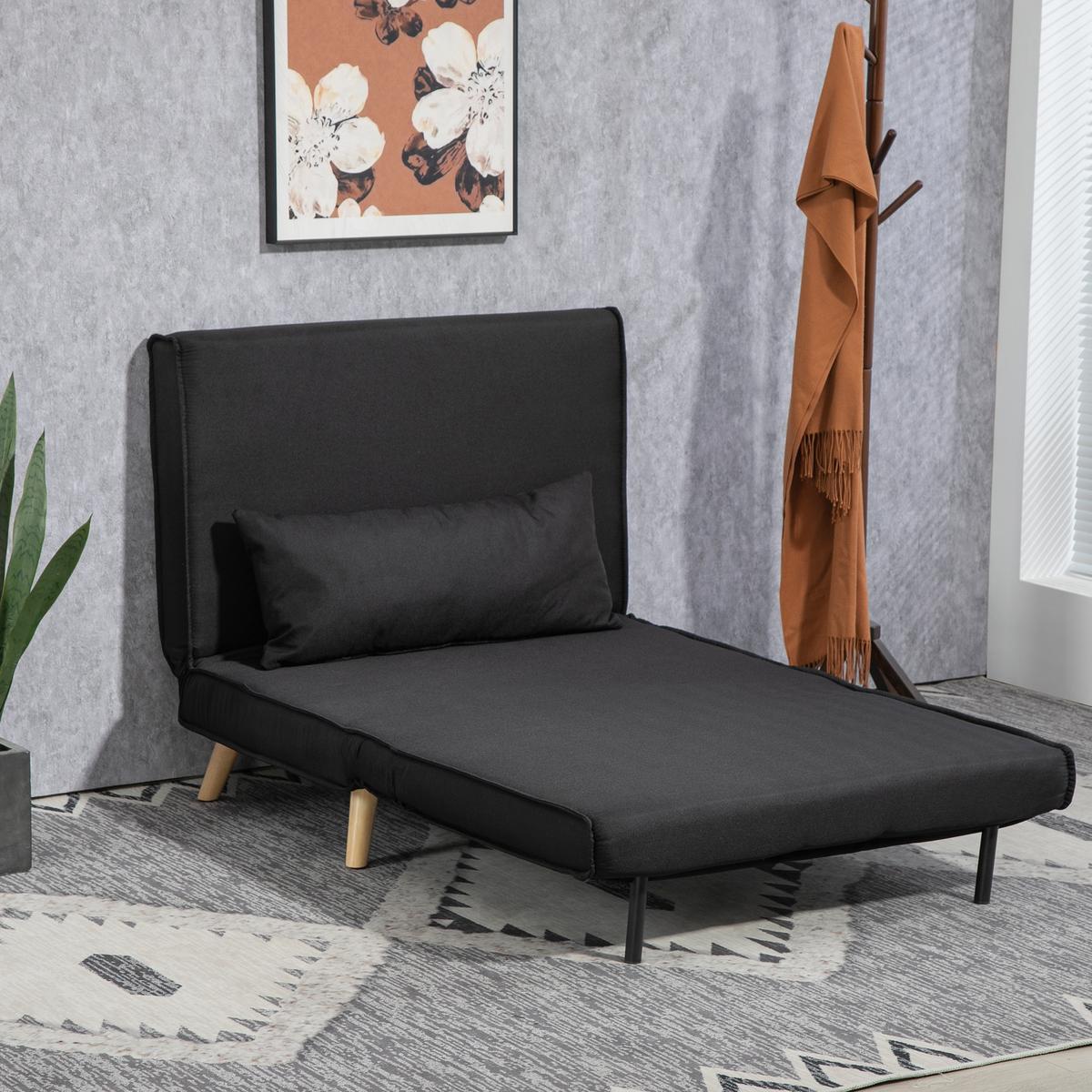 SCHLAFSESSEL, 2-in-1 Schlafsofa mit Bettfunktion, Zierkissen bis 120 kg Schwarz - Schwarz/Naturfarben, Holz/Textil (78/80/94cm) - HOMCOM