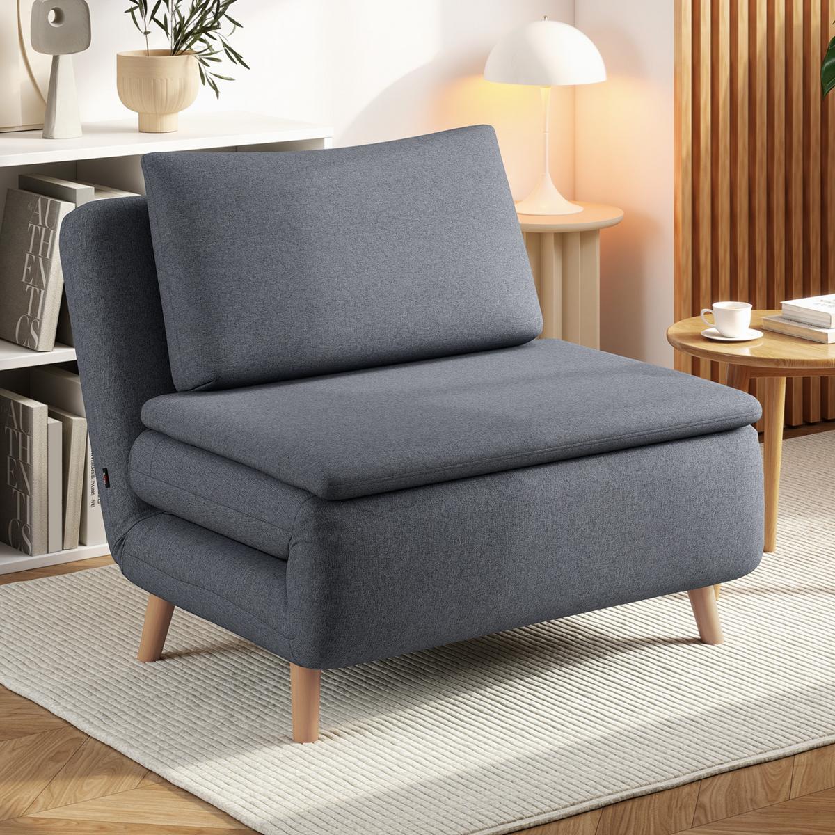 SCHLAFSESSEL 3-in-1 Sessel Bett-Funktion , verstellbare Rückenlehne - Buchefarben/Grau, Buchenholz/Textil (90/80/95cm) - HOMCOM