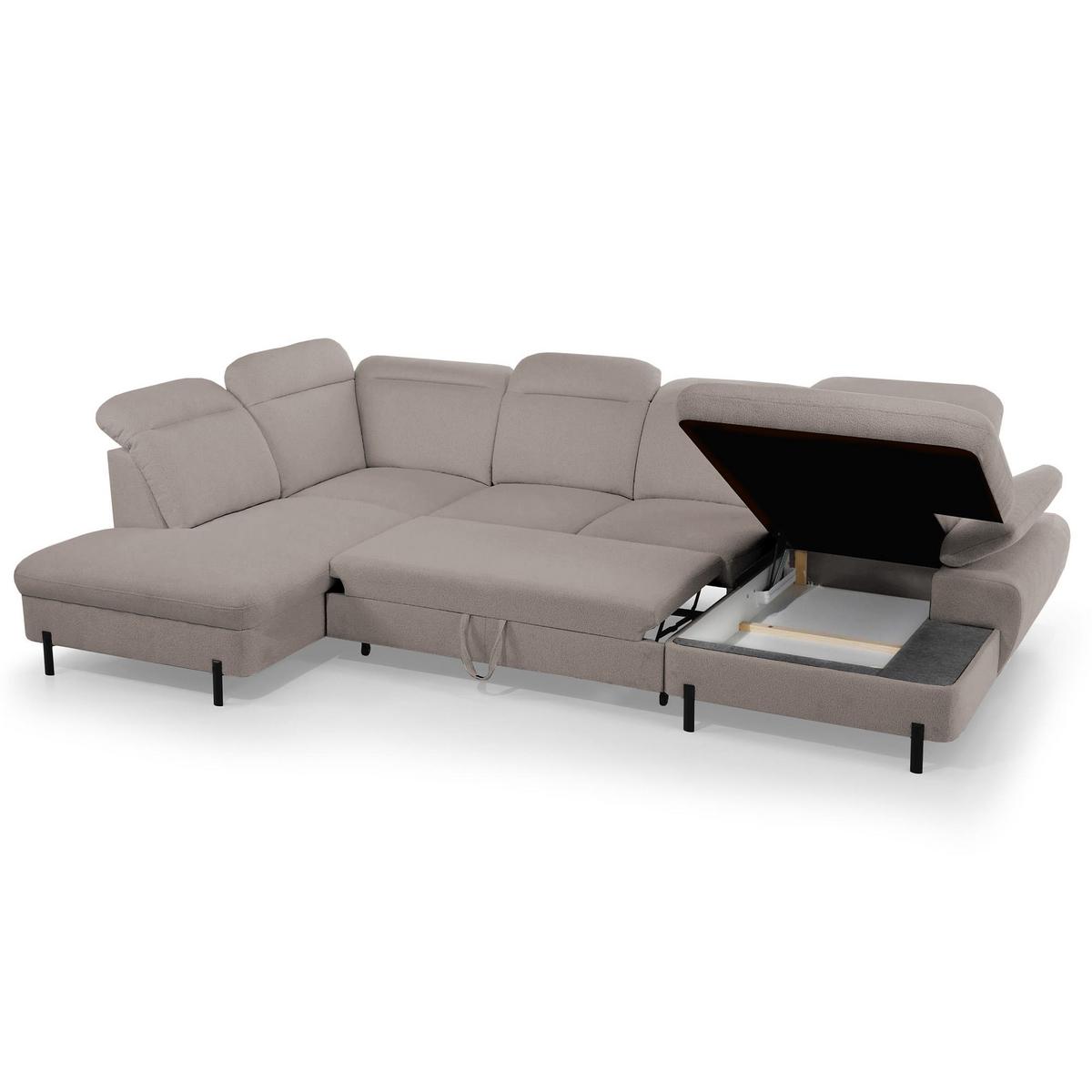 WOHNLANDSCHAFT Sora U mit Schlaffunktion und verstellbarer Sitztiefe, Kopfstützen und Armlehne, 365 cm, Hellbraun, Rechts - Hellbraun/Schwarz, Textil (365/107/235cm) - Beautysofa