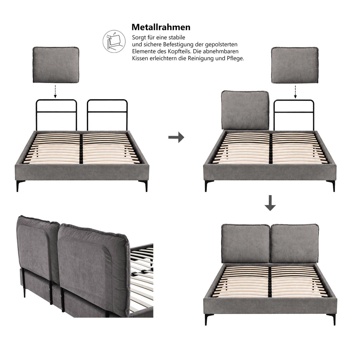 POLSTERBETT Sombra, Doppelbett 160x200 cm mit Schaumstoffmatratze 10 cm, Chenille-Stoff, Dunkelgrau - Dunkelgrau, Metall (160/200cm) - Beautysofa
