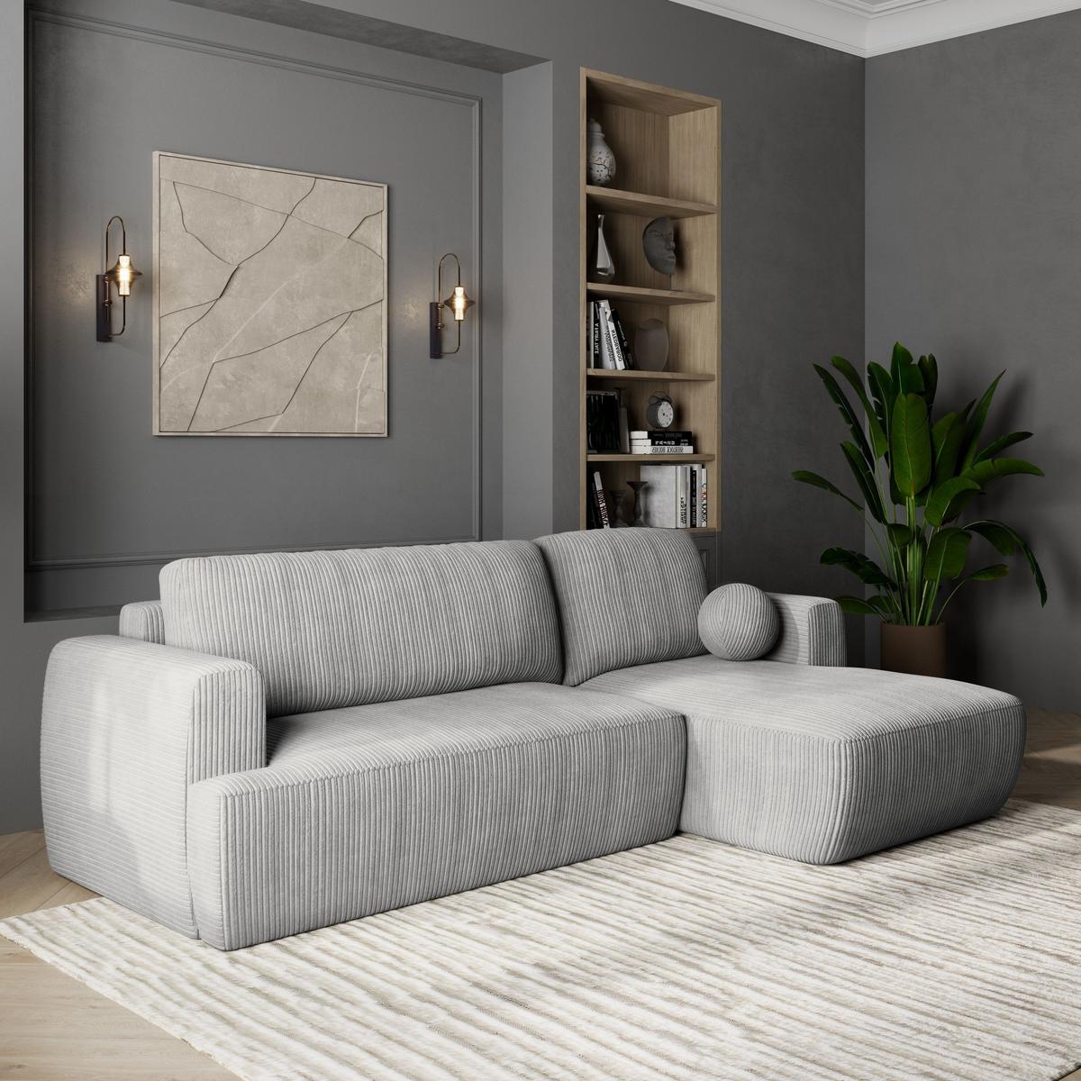 ECKSOFA SENTI P R-S Hellgrau Kordstoff mit Schlaffunktion - Hellgrau/Schwarz, Holz/Kunststoff (246/148cm) - MASSENO