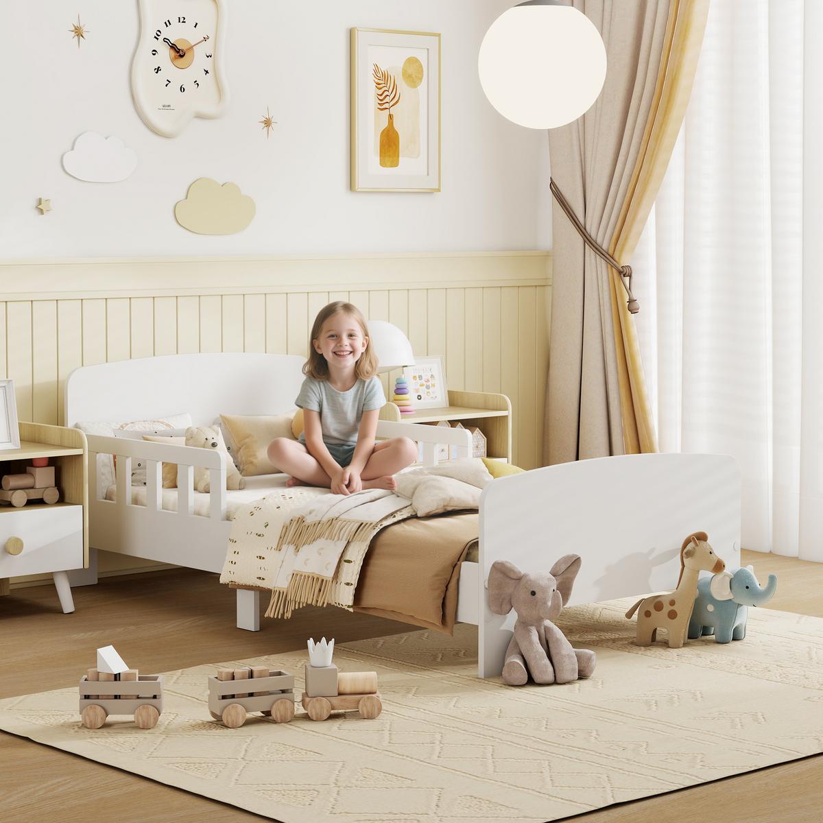 KINDERBETT, Kleinkindbett mit Rausfallschutz, Lattenrost, 143,5 x 74,2 cm Weiß - Weiß, Holzwerkstoff (70/140cm) - AIYAPLAY