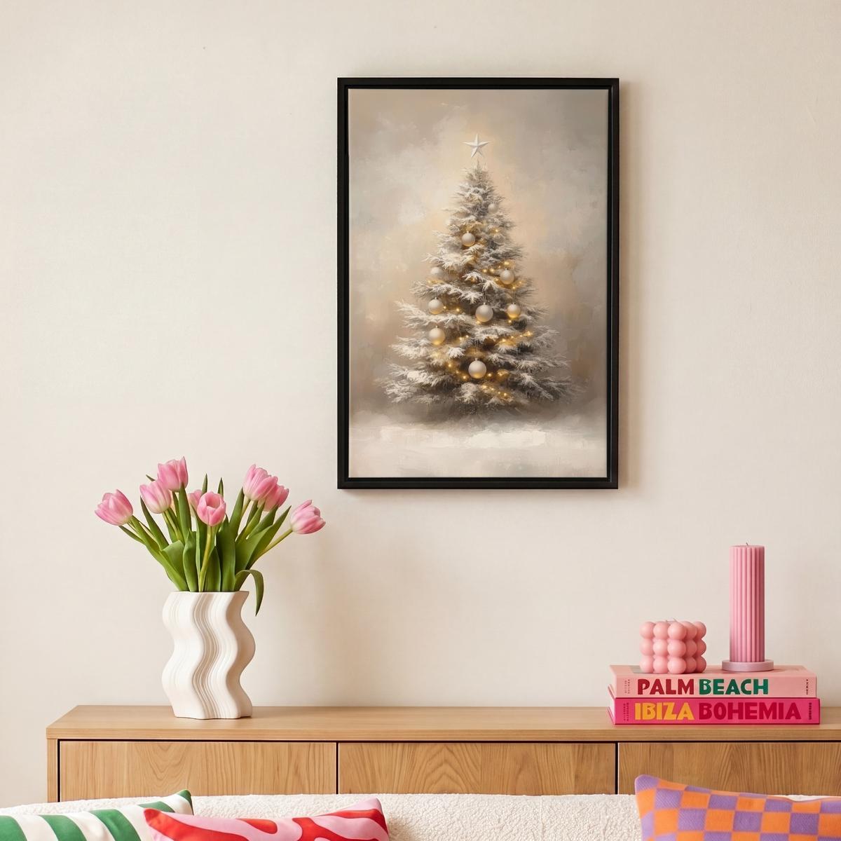 LEINWAND Bilder mit Rahmen - Weihnachten - Weihnachtsbaum - Schnee - Kunst - 20x30 - Champagner, Textil (20/30cm) - MuchoWow