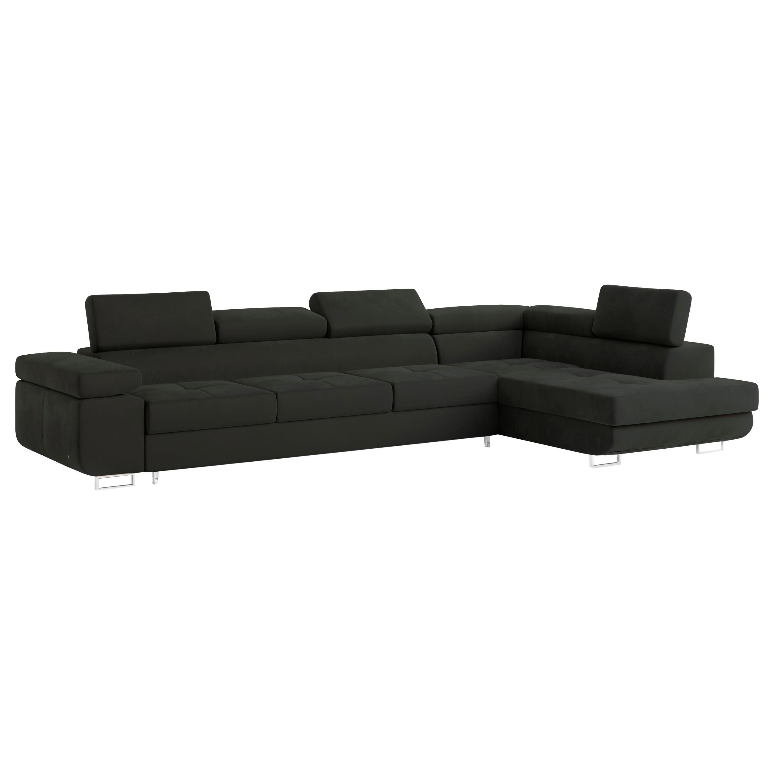 ECKSOFA VICENTE Schwarz Velours-Stoff mit Schlaffunktion - Schwarz, Holz (346/202cm) - MASSENO