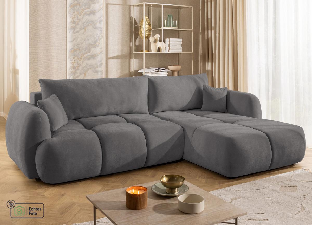 ECKSOFA Loretto aus natürlichem Taupe Webstoff mit Schlaffunktion, Bettkasten und tiefen Steppungen in Bubble-Optik - Taupe/Schwarz, Holz/Kunststoff (275/180cm) - S-Style