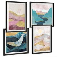 BILDER SET 4er Set - 50x50 cm & 40x60 cm Schwarzer Rahmen - Abstrakte Berge Sonne - Schwarz, Kunststoff (50/50cm) - TULUP