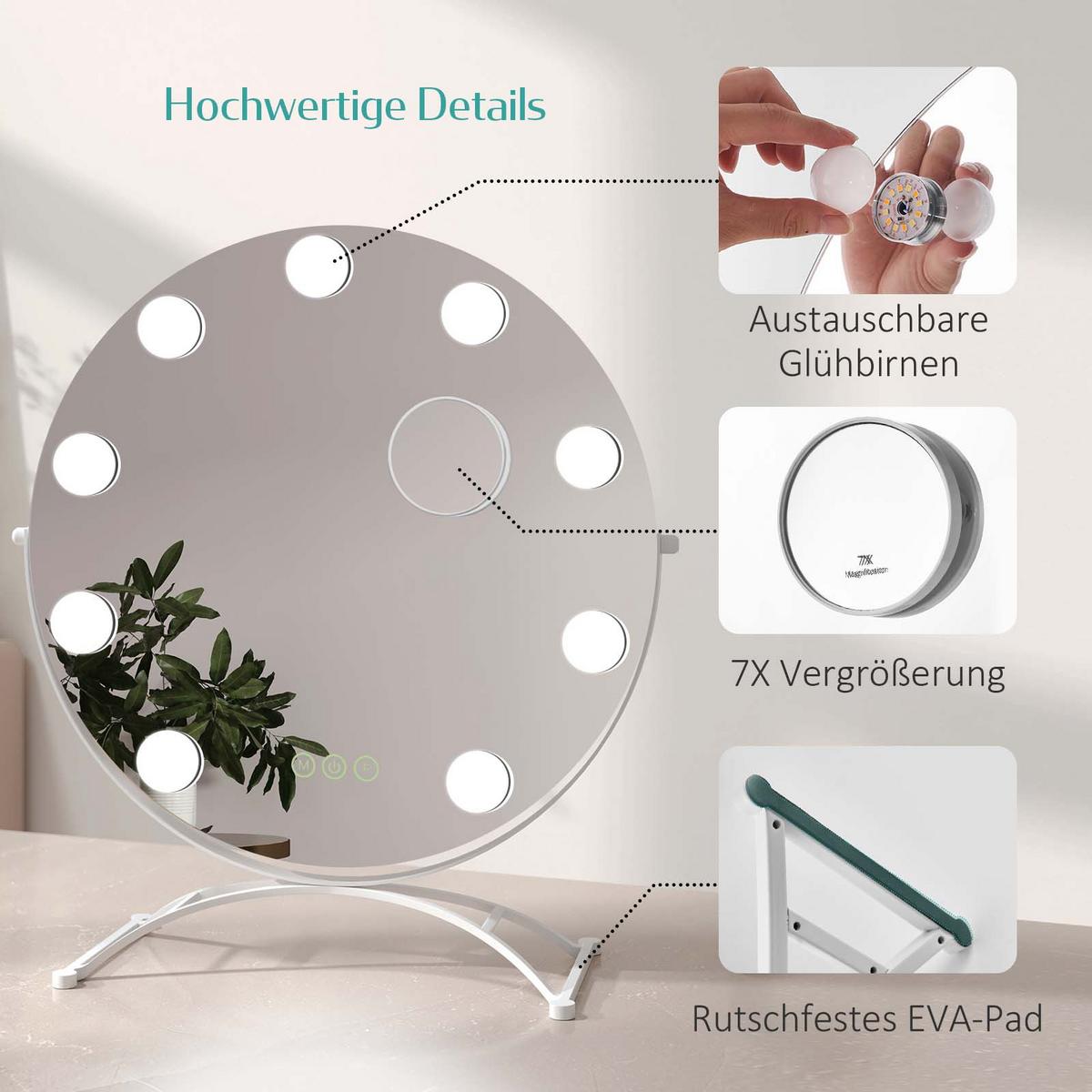 SCHMINKSPIEGEL Runder mit Beleuchtung, Weiß, ф40 cm - Weiß, Glas (40/16/40cm) - EMKE