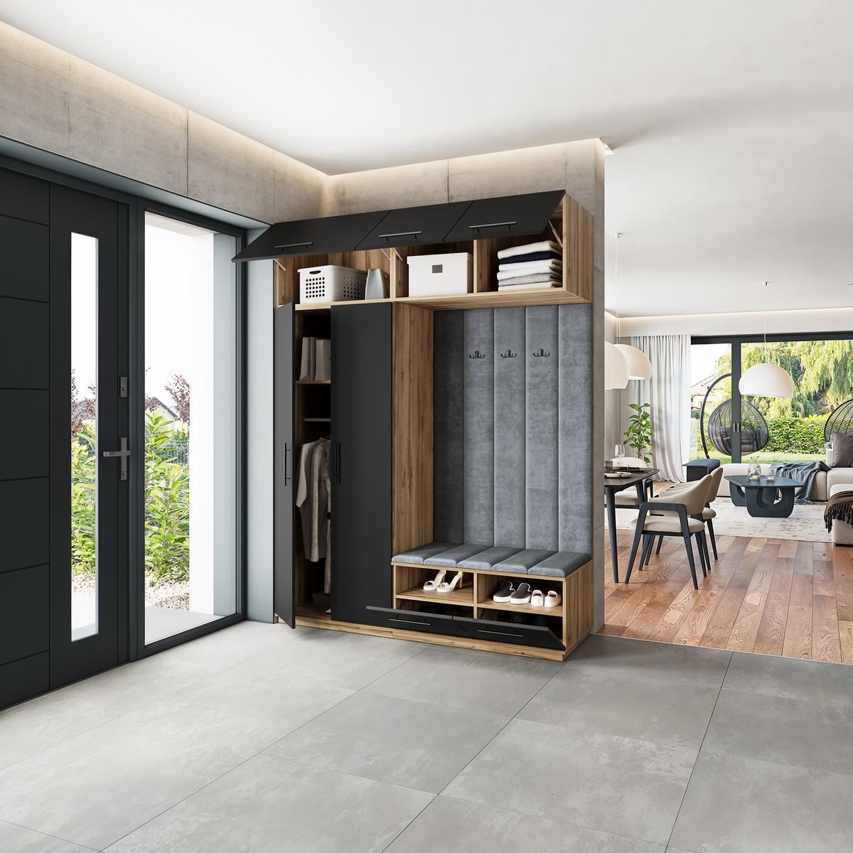 GARDEROBENSCHRANK REMA 180/240/60 cm Modern Garderobe-Set Eiche Wotan - Eiche Wotan/Schwarz, Holzwerkstoff (180/240/60cm) - MASSENO