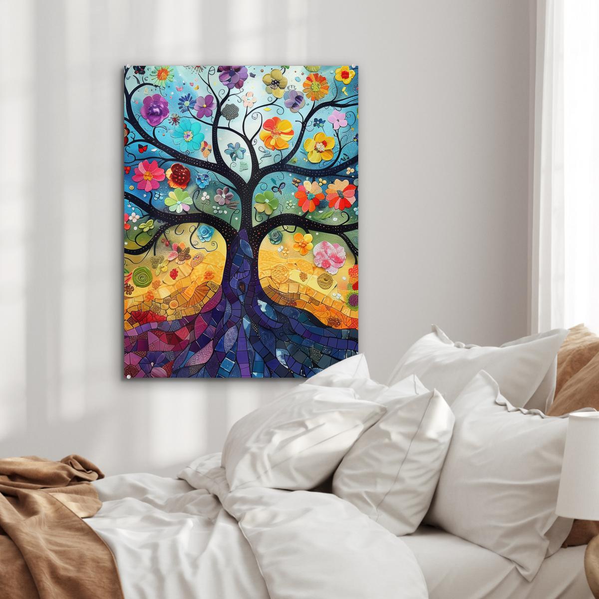 ACRYLGLASBILD Kunst - Baum des Lebens - Blumen - Hippie 60x80 cm - Dunkelblau, Glas (60/80cm) - MuchoWow