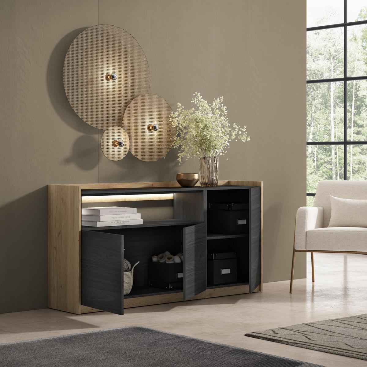 SIDEBOARD, Schwarz und Eiche, 156/37/80cm, mit Led - Schwarz, Holzwerkstoff (156/80/37cm) - Skraut Home